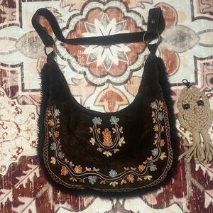 Free People Dark Brown suede Embroidered Shoulder Bag